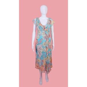 Y2K CDC Blue CRINKLE RUFFLE Dress W/Floral Print & Flutter Sleeves. Medium